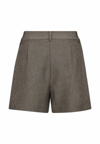 Brązowe szorty szyte na miarę z teksturowanej tkaniny, z wysokim stanem, plisami z przodu i bocznymi kieszeniami. Czyste linie i minimalistyczny design.