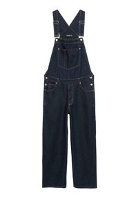 Temno modri jeans kombinezoni z V-izrezom, nastavljivimi naramnicami, sprednjim žepom in stranskimi gumbi. Ravnolinearno krojenje z minimalno teksturo.