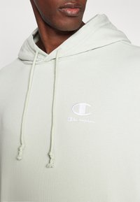 Light green hoodie made of soft fabric, featuring a drawstring hood, embroidered logo on the left chest, and knotted drawstring ends.