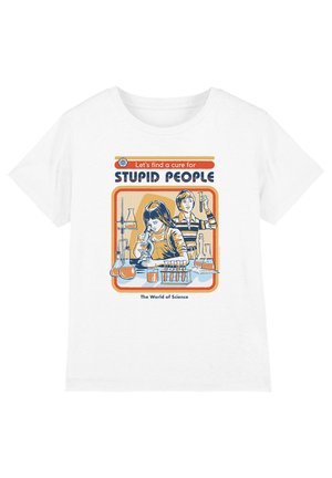 White t-shirt with vintage-style illustration of two children conducting science experiments with test tubes and beakers. Text: "Let's find a cure for Stupid People."