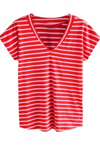 Rød- og hvidstribet V-hals T-shirt, korte ærmer, lavet af blødt stof. Striberne er jævnt fordelt og skaber et markant mønster.