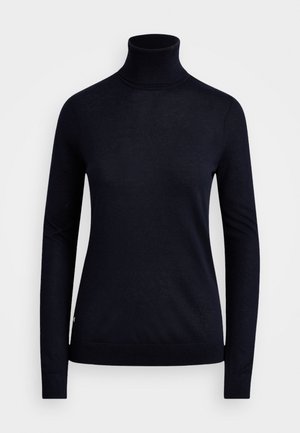 Sort langærmet turtleneck sweater med en tætsiddende silhuet på en hvid baggrund.