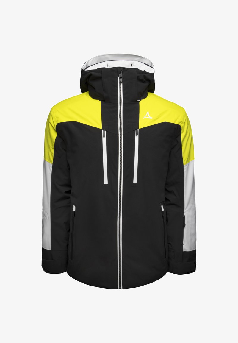 Schwarze und gelbe insulated Jacke mit Kapuze, ausgestattet mit einem Reißverschluss, zwei Fronttaschen und auffälligen weißen Akzenten und Nähten.