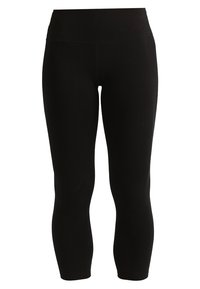 Czarne legginsy o długości trzech czwartych z wysokim stanem, wykonane z elastycznego materiału. Gładka struktura, bez widocznych wzorów ani akcentów.