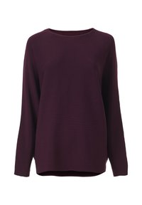 Pull en tricot violet à manches longues, col rond, coupe décontractée, avec une texture lisse et un ourlet légèrement arrondi.