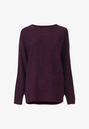 Paarse gebreide trui met lange mouwen, ronde halslijn, relaxte fit, heeft een zachte textuur en een licht gebogen zoom.