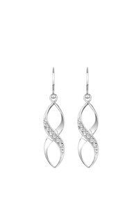 Silberohrringe mit einem Unendlichkeit-Design, das aus zwei ineinander verschlungenen Schlaufen besteht und auf einer Seite mit Kristallakzenten verziert ist, um zusätzlichen Glanz zu verleihen.