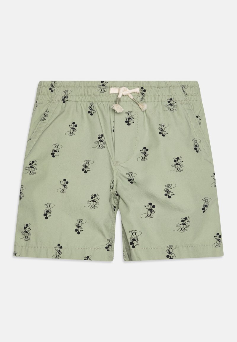 Shorts vert clair avec des illustrations noires de Mickey Mouse et un cordon de serrage blanc à la ceinture élastique.