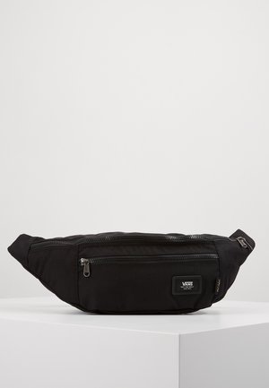Marsupio nero realizzato in nylon strutturato, dotato di due scomparti con cerniera, una patch con il marchio e una tracolla regolabile per un indossamento sicuro.