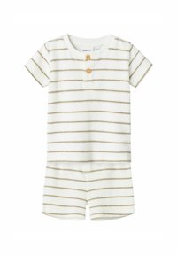 Pyjama à manches courtes, rayé en blanc et brun, avec deux boutons en bois, un col rond et un tissu doux avec une légère texture.