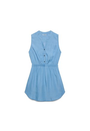 Ärmelloses hellblaues Kleid mit elastischem Taillenbund, rundem Ausschnitt mit V-Schnitt und drei Knöpfen in der vorderen Mitte.