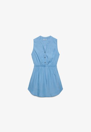 Ärmelloses hellblaues Kleid mit elastischem Taillenbund, rundem Ausschnitt mit V-Schnitt und drei Knöpfen in der vorderen Mitte.