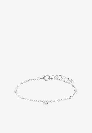 Bracelet en argent sterling avec une chaîne délicate, comportant un petit pendentif en forme de cœur et un fermoir à ressort. Design simple et minimaliste.