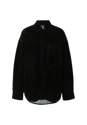 Black long-sleeve velvet shirt with front pocket, buttoned collar, and concealed button placket, displayed on a white background.