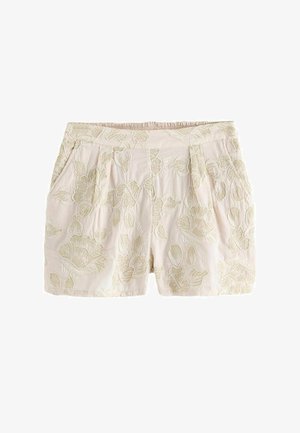 Lichtbeige korte broek met geborduurde bloemmotieven en zijzakken, voorzien van een geplooide elastische tailleband voor comfort.