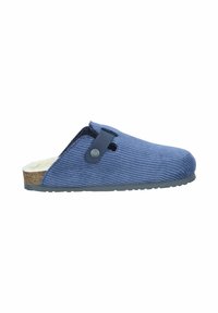 Blue corduroy clogs with a rounded toe, gray rubber sole, and soft white lining. Features a side button and textured surface detail.