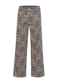 Hlače širokog kroja s printom leoparda u bež i crnoj boji, sa zatvaranjem na dugme i mekim materijalom za udobnost i stil.