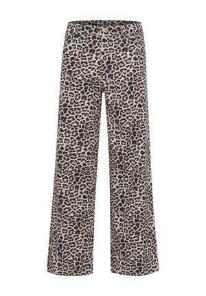 Pantalones de pierna ancha con estampado de leopardo en beige y negro, que cuentan con un cierre de botón y una textura de tela suave para mayor comodidad y estilo.