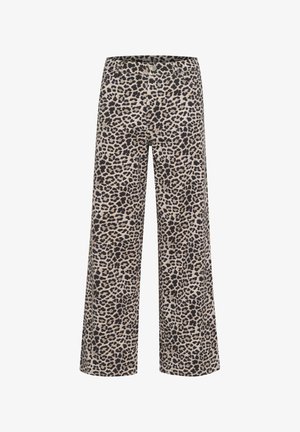 Beige und schwarze Hosen mit Leopardenmuster und weitem Bein, ausgestattet mit einem Knopfverschluss und einer weichen Stofftextur für Komfort und Stil.