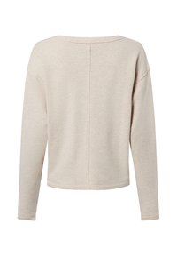 Jasnobeżowa bluzka z długim rękawem o luźnym kroju, zaokrąglonym dekoltem i szwem na środku pleców. Miękka, teksturowana tkanina.