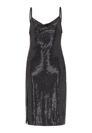 Robe noire en sequins avec des bretelles spaghetti fines, silhouette moulante et fente sur le côté. La texture réfléchissante améliore le détail visuel.