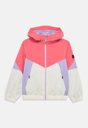 Chaqueta con bloques de color en rosa, lavanda y crema. Cuenta con cremallera frontal, capucha, puños elásticos y bolsillos laterales. Tejido ligero y suave.
