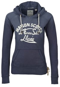 Sudadera azul marino de mezcla de algodón suave con texto blanco y cordones, que cuenta con un bolsillo tipo canguro y detalle de cremallera lateral.
