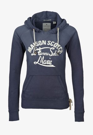 Námořnická modrá mikina s kapucí vyrobená z měkké směsi bavlny s bílým textem a šňůrkami, která má klokánkovou kapsu a boční zip.