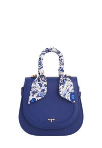 Blue leather handbag with a structured shape, featuring a floral-patterned scarf on the handle and gold-tone hardware accents.