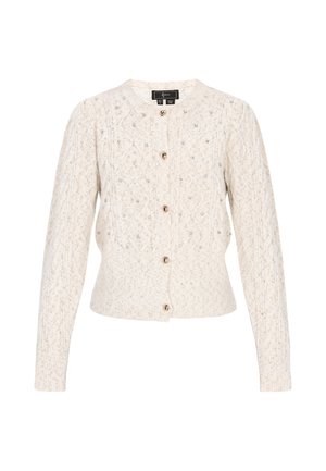 Kremowy, dziany kardigan o teksturowanym wzorze w warkocze, ozdobiony małymi kryształkami, z okrągłym dekoltem i zapięciem na guziki.