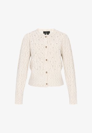 Kremowy, dziany kardigan o teksturowanym wzorze w warkocze, ozdobiony małymi kryształkami, z okrągłym dekoltem i zapięciem na guziki.