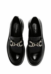Black patent leather loafers with a silver chain accent, rounded toe, and cushioned insole. Smooth texture and glossy finish.