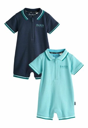 Două salopete scurte pentru bebeluși cu mâneci scurte, guler și fermoare frontale, unul bleumarin și unul albastru deschis, marcă "Baker by Ted Baker."