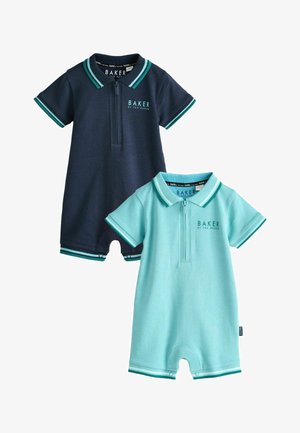 Două salopete scurte pentru bebeluși cu mâneci scurte, guler și fermoare frontale, unul bleumarin și unul albastru deschis, marcă "Baker by Ted Baker."