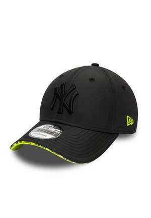 Black baseball cap with embroidered NY logo, adjustable strap, and a neon green under brim. Smooth texture, six-panel design, and ventilating eyelets.
