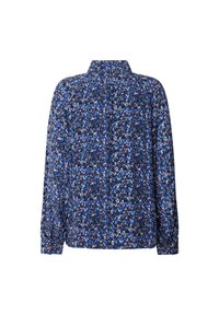 Blusa floreale blu con colletto, maniche lunghe e vestibilità morbida. Il tessuto presenta un piccolo motivo floreale su uno sfondo scuro.