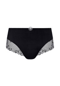 Zwarte slipjes met een doorschijnende lace voorkant met bloemenpatronen en scalloped randen, versierd met een decoratieve zilveren accent in het midden.