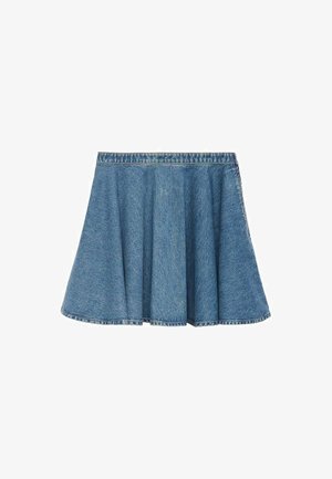 Fustă A-line din denim albastru, cu cusături vizibile și pliuri, concepută pentru purtare casual.