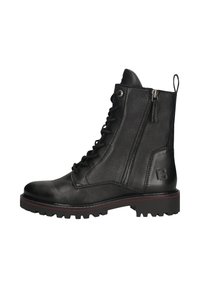 Schwarze Leder-Stiefeletten mit einer robusten Sohle, ausgestattet mit einer Schnürung vorne, einem seitlichen Reißverschluss und einem markenspezifischen Akzent an der Außenseite.