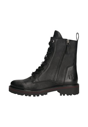 Schwarze Leder-Stiefeletten mit einer robusten Sohle, ausgestattet mit einer Schnürung vorne, einem seitlichen Reißverschluss und einem markenspezifischen Akzent an der Außenseite.