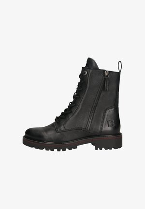 Black leather ankle boots with a rugged sole, featuring lace-up front, side zipper, and a branded accent on the outer side.