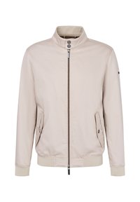 Helle beige Bomberjacke aus glattem Stoff. Verfügt über einen Reißverschluss vorne, zwei seitliche Taschen, Rippbündchen und einen Stehkragen.