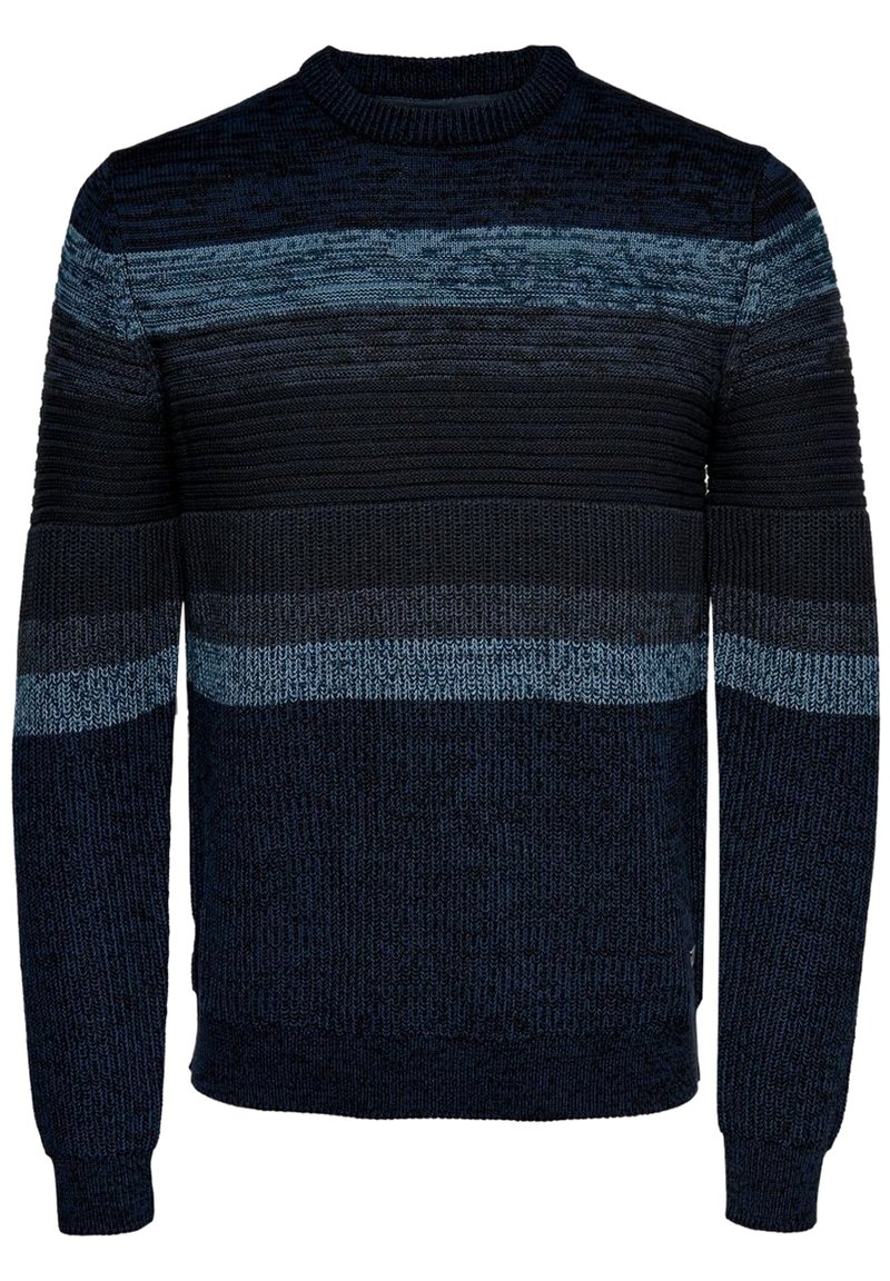 Gestrickter Pullover mit horizontalen Streifen in Dunkelblau und Hellblau, gerippter Rundhalsausschnitt und strukturiertem Stoff.