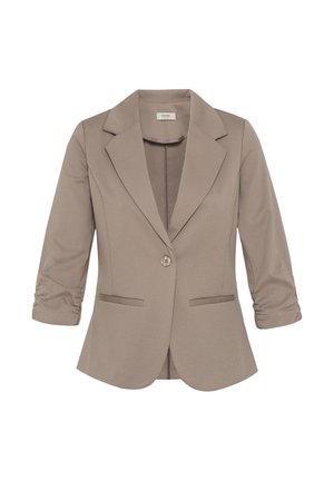 Dámsky taupe blejzer s výrezovými klopami, zapínaním na jeden gombík, nariasenými trojštvrtinovými rukávmi a dvoma prednými lemovanými vreckami.