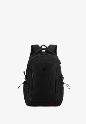 Zaino nero realizzato in tessuto strutturato, dotato di vari scomparti con zip, spallacci regolabili e tasche laterali.