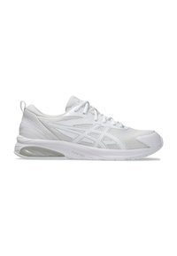 Chaussures de sport blanches avec une tige en mesh, des accents texturés et une semelle amortie. Comprend un logo et un système de laçage. Design léger.