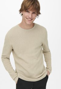 Sudadera de punto beige con cuello redondo, mangas largas y un patrón texturizado. El modelo está de pie con las manos en los bolsillos frente a un fondo blanco.