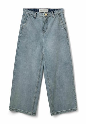 Svetlomodré široké rifle s prednými vreckami, pásom, zipsom na zapínanie a kontrastným prešívaním. Hladká textúra s jemným vyblednutím.