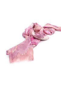 Sciarpa leggera color rosa con una texture morbida, pattern astratti in diverse sfumature di rosa e accenti dorati, con orli frangiati.