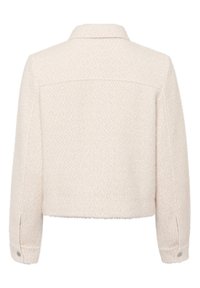 Chaqueta de manga larga texturada color beige claro con cuello, costura en el yugo trasero, puños abotonados y dobladillo recto.